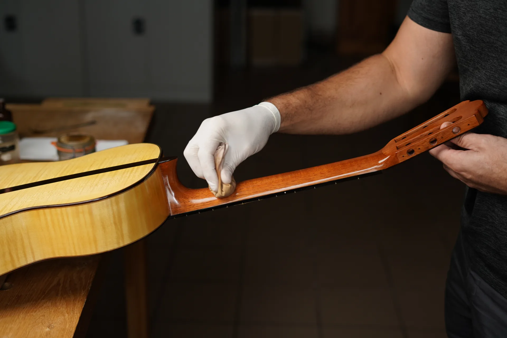 The neck being polished — same principles as the body